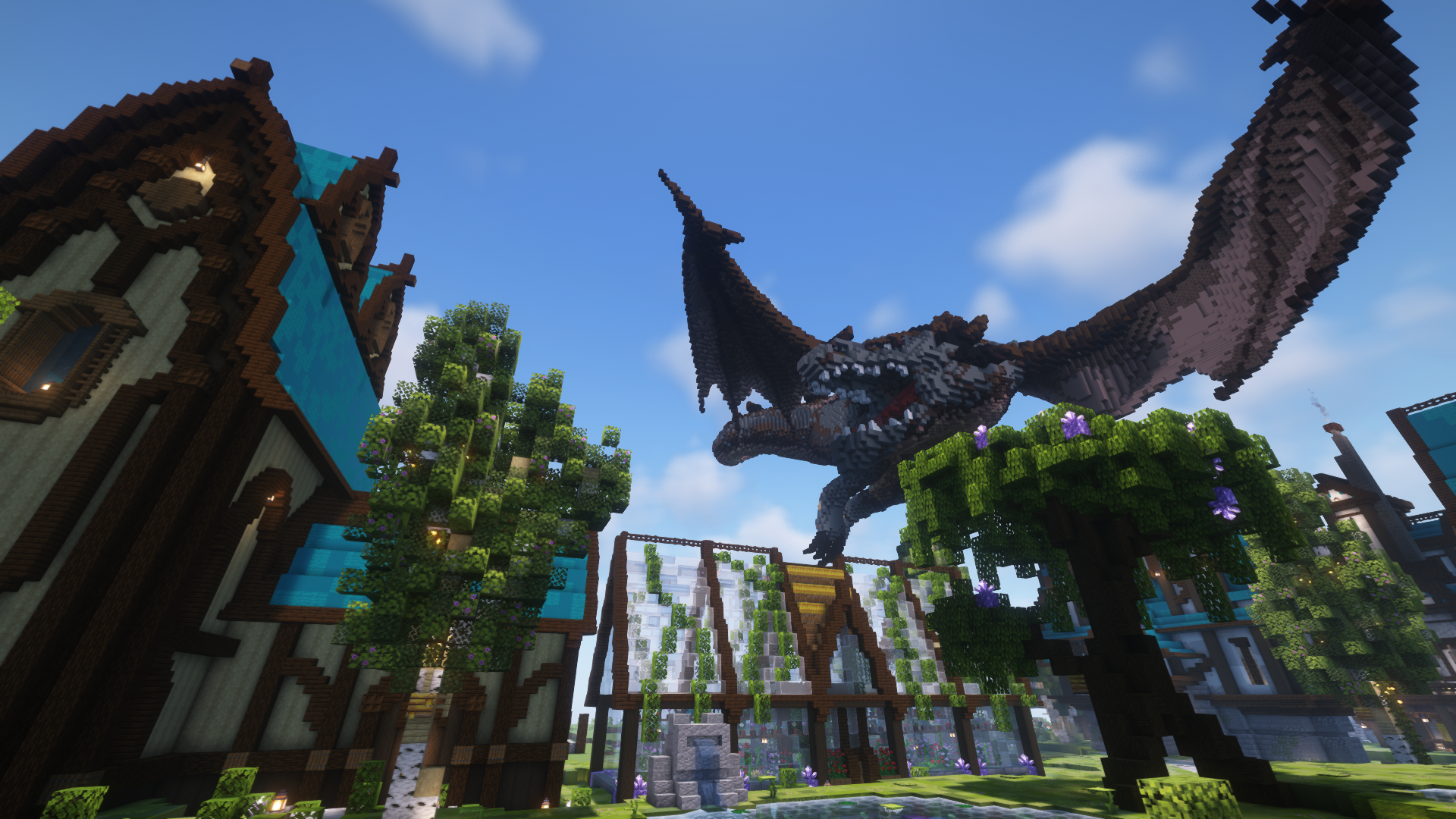 Dragon flying over a minecraft village